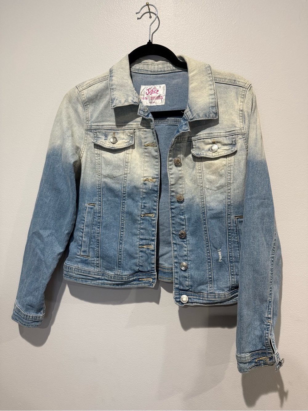 Justice Girls Ombre Blue Denim Jean Jacket Size 14/16 Button Up Long Sleeve